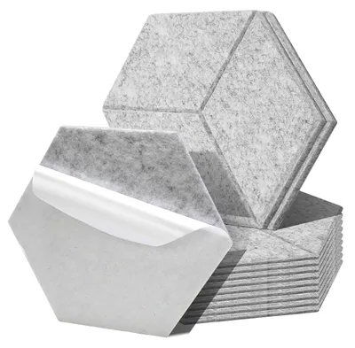 Obrázek produktu pro Akustické panely Vigevee, filcové, samolepicí, 12 kusů, hexagonální tvar, 15 cm, absorbéry zvuku, nástěnné panely, tloušťka 0,9 cm, perforovaný design, šedá barva