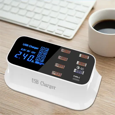 Image de Chargeur de téléphone 8 ports USB Affichage LCD Station de charge intelligente pour iPhone Samsung Xiaomi QC3.0 EU Plug
