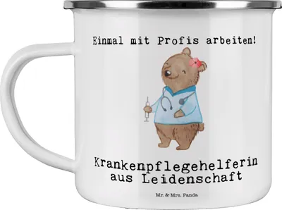 Produktbild von Mr. & Mrs. Panda Emaille Tasse Krankenpflegehelferin Leidenschaft - Weiß - Geschenk, Ausbildung, Pflegekraft, wandertasse, Witzig, Campingbecher, Becher, Spruch, Lustig