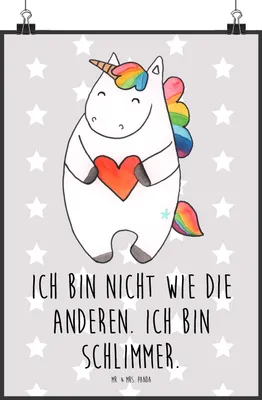 Produktbild von Mr. & Mrs. Panda Bild Einhorn Herz DIN A2 - Grau Pastell - Geschenk, Plakat, Unicorn, Bunt, Wandbild, Freundin, drucke, Einhörner, Kunstdruck, wanddeko, böse