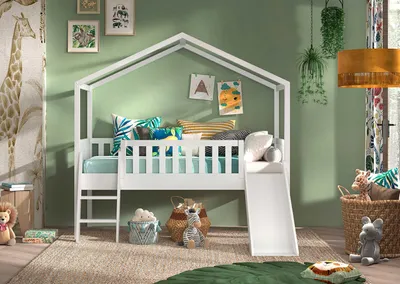 Produktbild von Hochbett Dallas 90 x 200 cm Haus Kiefer Weiß lackiert mit rutsche inkl. Rollrost