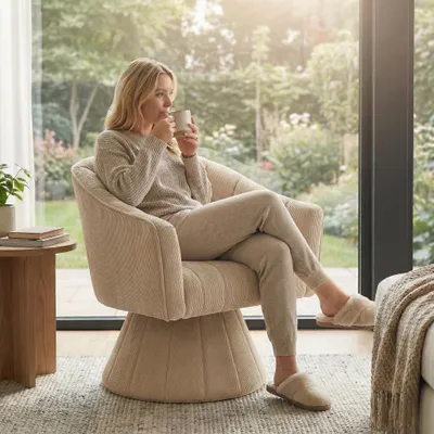 Produktbild von LVHOM 360° Drehsessel Cordbezug, Ergonomischer Relaxsessel für Wohnzimmer & Büro, Gepolsterter Polstersessel mit Armlehne, Drehstuhl bis 150kg, Khaki