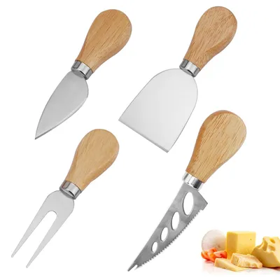 Käsebesteck-Set 4-tlg. Edelstahl Holzgriff Schneidemaschine Gabel