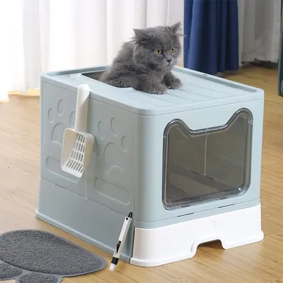 Produktbild von Katzentoilette Katzenklo mit ausziehbarer Schale,faltbar Katzenklo 51x41x38cm Blau