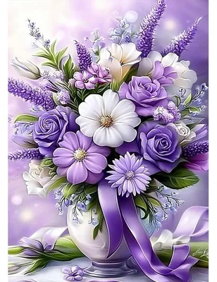 Produktbild von Diamant Painting Bilder Violette Blumen Vase 30x40cm Runde Steine DIY Set Wanddeko