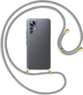 Produktbild von Handykette Backcover-Schutzhülle mit Band (Metall goldfarben) für Xiaomi 12 Lite - weiß/grau kariert
