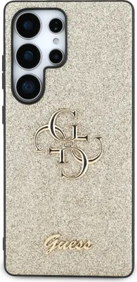 A close-up, studio shot of a phone case with glitter and brand logos.