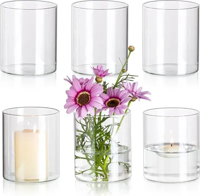 Produktbild von 6er Set Moderne Glaszylinder Vasen 10x8,5cm Transparent - Blumenvasen & Kerzenhalter - Wohnzimmer Dekoration & Tischdeko