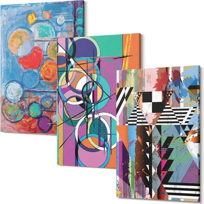Produktbild von Leinwandbild – Wandbild – Leinwandbilder – Kunstdruck – Polycanvas – Modern – Mehrteilig – 3-Teilig Set – Hochwertig – Geruchslos – Lichtecht – Fertig Aufgespannt – 20x30 Cm Je Teil - Bunte Abstraktionen mit Kreisen und geometrischen Mustern
