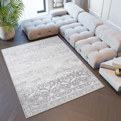 A light gray rug with a decorative border is placed on a dark wooden floor in front of a large, modular light gray sofa. A potted plant is visible in the background.