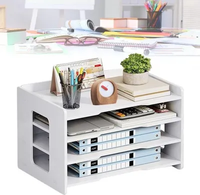 A4 Briefablage und Schreibtisch-Organizer für das Büro - Ablage für Papier, Stifte und Dokumente (Weiß - 4 Fächer)