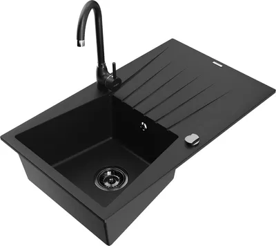 Produktbild von Mexen Cesar 1 Becken-Granitspüle mit Abtropffläche und Mischbatterie Telma, Schwarz - 6514-77-670200-70-B
