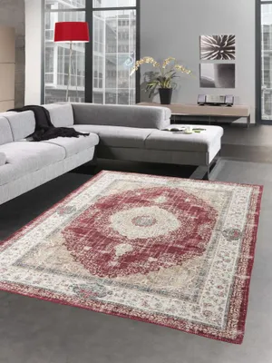 Produktbild von Orientalischer Teppich mit klassischen Pflanzen Verzierungen & Blumen Ornamenten in creme beige rot gold Größe - 80x150 cm