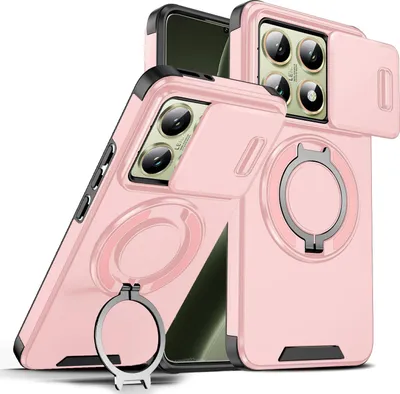 Immagine prodotto di Custodia a doppio strato per Xiaomi 14T, copertura scorrevole della fotocamera e supporto ad anello magnetico Rosa
