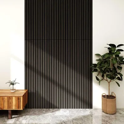 A modern living room with a wooden cabinet and a plant next to a dark wood slatted wall panel.