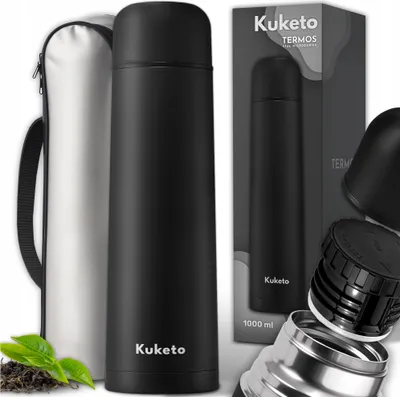 Produktbild von Kuketo | Thermoskanne 1L - Edelstahl schwarz - isolierendes Etui - ideal für Outdoor-Aktivitäten
