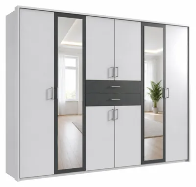 Obrázek produktu pro Skříň s otočnými dvířky, šatní skříň, výška 273 cm, s paspartou, zásuvky, zrcadlo, barva: bílá a grafit / model 22601