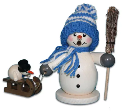 Produktbild von Holzwaren Egermann Räucherfigur aus Holz - Schneemann mit Schlitten & Kind - in Blau - ca. 15cm - 965