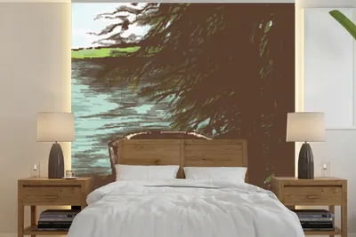 Produktbild von MuchoWow® Fototapete für Wohnzimmer oder Schlafzimmer Wandtapete Vinyl Motivtapete Baum - Meer - Illustration - 350x350 cm - Schlafzimmertapete