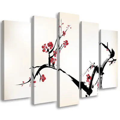 Immagine prodotto di Quadro in tela in 5 parti, fiori di ciliegio, Giappone, natura, 100x70 cm, Feeby, beige, quadro pronto da appendere