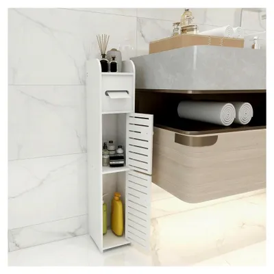 Produktbild von Hochschrank für das Badezimmer, freistehend, weiß, mit Toilettenrollenhalter, platzsparend, 17 * 15 * 78 cm