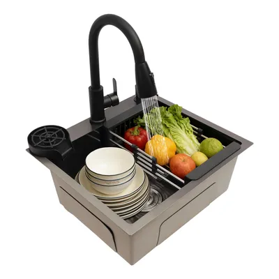 Obrázek produktu pro Kuchyňský dřez, kuchyňský dřez s výsuvnou baterií, 50 × 45 cm, multifunkční kuchyňský dřez