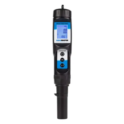 A black and blue digital meter with a screen displaying readings, set against a white background.