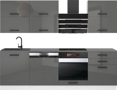 Produktbild von Belini Küchenzeile Küchenblock Madison - Küchenmöbel 240 cm Einbauküche Vollausstattung ohne Elektrogeräten mit Hängeschränke und Unterschränke, mit Arbeitsplatten, Silber Hochglanz