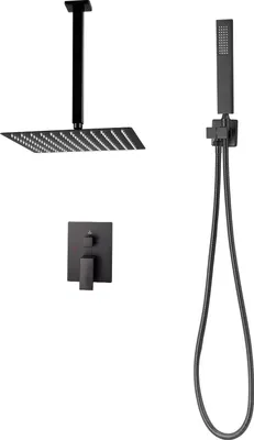Immagine prodotto di SucceBuy miscelatore doccia a pioggia per il bagno con soffione a pioggia quadrato da 254 mm e doccetta, set doccia a soffitto con valvola in ottone e componenti decorativi, design nero opaco