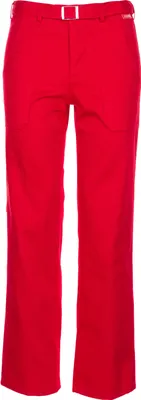 A pair of red pants with a belt.