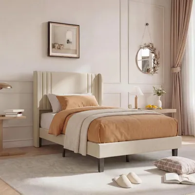 Productafbeelding van Bed 90x200 cm, linnen, beige kleur. Gestoffeerd hoofdeinde. 15 cm opbergruimte onder het bed. Draagvermogen: 800 lbs