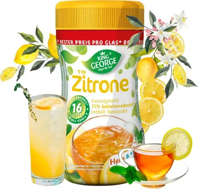 Produktbild von KING GEORGE Zitrone 400g - Teegetränke mit Vitamin C, Krümeltee aromatisiert mit Zitronengeschmack. Hohe Ergiebigkeit (16L) 75% Kalorie reduziert