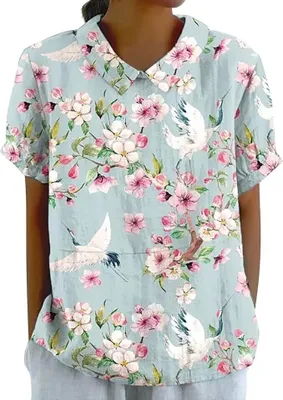 Produktbild von Bluse Damen Sommer, Elegant Leinenbluse Einfarbig Blusenshirt Revers Rundhals Leinenhemd Blumendruck Oberteile Lose Pullover
