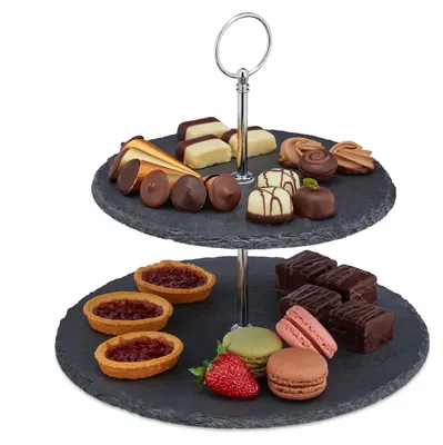 Produktbild von 4 x Etagere mit 2 Etagen, Schiefer, Kuchen, Snacks, Obst, Metallgriff, Servierständer, HxD: 23 x 25 cm, anthrazit/silber