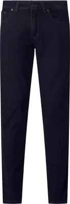 A pair of dark blue jeans shown from the front.