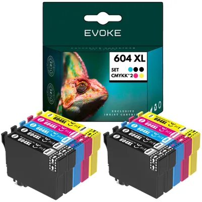 Obrázok produktu pre Kompatibilné atramenty Evoke pre tlačiarne Epson 604XL 604 XL T10H6: 10 ks (2x čierna, 2x azúrová, 2x purpurová, 2x žltá), objem 98 ml, výtlačnosť 7360 strán, vhodné pre modely Expression Home XP-2200, 2205, 3200, 3205, 4200, 4205; WorkForce WF-2910DWF, 2930DWF, 2935DWF, 2950DWF