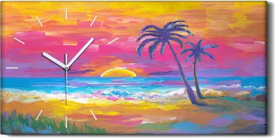 Produktbild von Wandkunst Leinwand Bild Uhr Quarz 60x30 Malen Strand Palmen Sonnenuntergang - weiße Hände