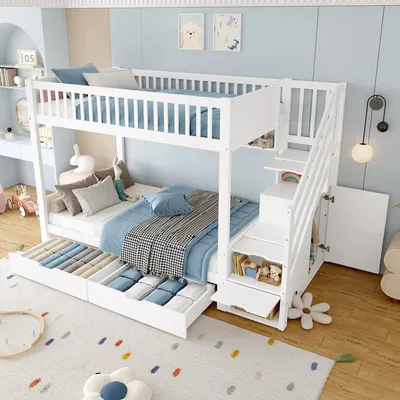 Immagine prodotto di letto a castello okwish 90x200 per bambini con armadio e cassetto, struttura letto in legno con cassetto e contenitore, bianco (senza materasso)
