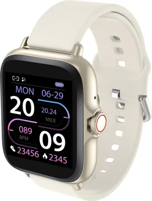 A smartwatch with a beige strap and a gold-colored casing is shown against a white background. The watch face displays the time, date, heart rate, and step count.