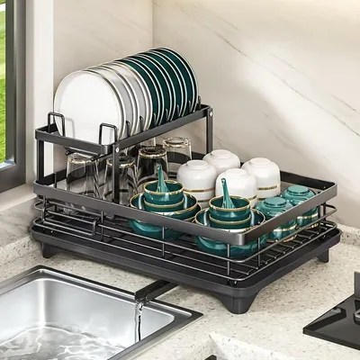 Immagine prodotto di 2 Strati di scolapiatti, scolapiatti da cucina, scolapiatti Rack, organizzatore da cucina, nero, 42,5x30x23,5 cm.