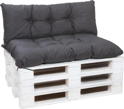 A grey cushion set for a pallet sofa, placed on a white wooden pallet base, against a white background.