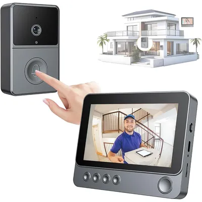 Produktbild von Funk-Türklingel mit Kamera, 4,3-Zoll TFT-Monitor, 150 m Funkreichweite, Akku, USB-C, 170° Weitwinkel, Video-Gegensprechanlage