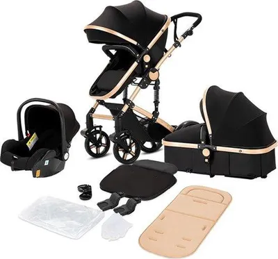 Produktbild von Luxus-3-in-1-Kinderwagen mit Autostoßstuhl - Reise-Wiege - inklappbar - für 0-36 Monate - schwarz/gold
