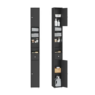 Two tall, narrow black bathroom cabinets are shown side-by-side against a white background. The cabinet on the left is closed, while the cabinet on the right has its doors open, revealing its contents.