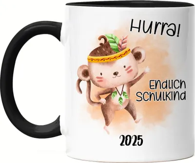 Produktbild von Endlich Schulkind 2025 Affe Tasse Schwarz Einschulungs-Geschenk Erstklässler Schulanfang