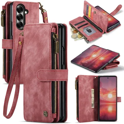 Produktbild von Galaxy Z Fold7 Handyhülle, Reißverschluss Hülle Kunstleder Klapphülle Magnetverschluss Kartenfach Standfunktion Geldbörse Schutzhülle für Samsung Galaxy Z Fold 7 5G Rot
