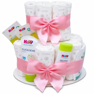 Produktbild von MilaBoo® Windeltorte Mädchen 2-stöckig – rosa Babygeschenk zur Geburt, Babyparty & Taufe mit en