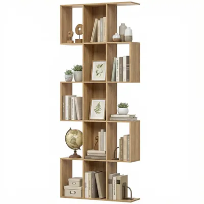 Produktbild von Bücherregal mit 5 Ebenen in S-Form und 15 Einlegeböden, aus Holz, 80 x 24 x 200 cm, Farbe: Eiche