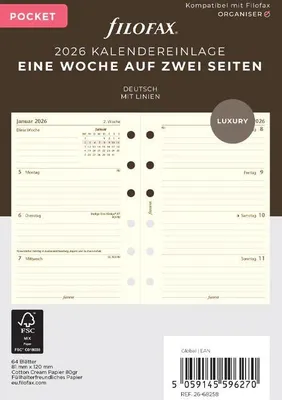 Produktbild von FILOFAX Kalendereinlage 2026 - Pocket - 1 Woche = 2 Seiten - Baumwolle creme - deutsch - 26-68258