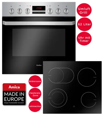 Produktbild von Amica Einbau Herd Set Backofen Glaskeramik Kochfeld Umluft Timer Bräterzone EHC 933 015 E